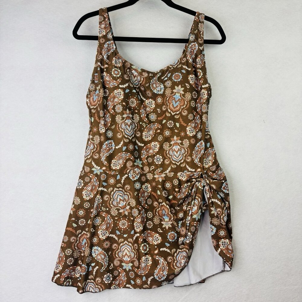 Eomenie One Piece Swimdress Swimsuit Size 2XL Tummy Control Brown Floral NWT